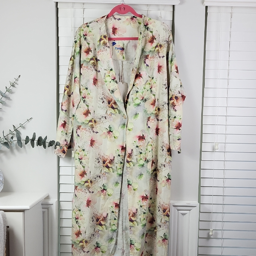 Yuvita 100% linen‎ Apple Blossom  Floral Duster Robe. Size S